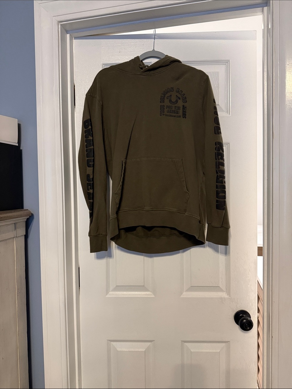 True Religion Olive Green Hooded Pullover Sweatshirt with Sleeve Logo